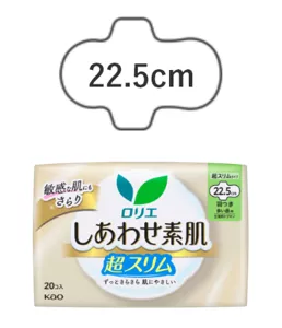 ロリエ　しあわせ素肌　通気超スリム多い昼用２２．５ｃｍ　羽つきの製品カタログページへ。