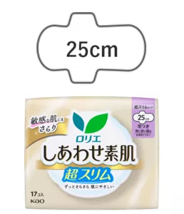 ロリエ　しあわせ素肌　通気超スリム　特に多い昼用２５ｃｍ　羽つきの製品カタログページへ。