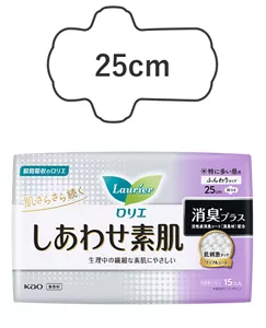 ロリエ　しあわせ素肌　消臭プラス　特に多い昼用２５ｃｍ　羽つきの製品カタログページへ。