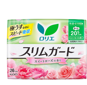ロリエ　スリムガード　スイートローズの香り　多い昼～ふつうの日用羽つきの製品カタログのページへ。