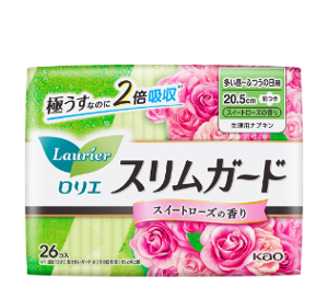 ロリエ　スリムガード　スイートローズの香り　多い昼～ふつうの日用羽つきの製品カタログのページへ。