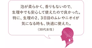 使用者の声、「泡が柔らかく、香りもないので、生理中でも安心して使えたので良かった。特に、生理の2、3日目のムレやニオイが気になる時も、快適に使えた。(30代女性)」