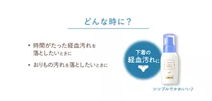 どんな時に？：時間がたった経血汚れを落としたいときに。おりもの汚れを落としたいときに。下着の経血汚れに。シンプルでかわいい♪