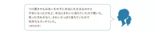 使用者の声、 「つけ置きやもみ洗いをせずに本当に大丈夫なのかと不安になったけれど、本当にきれいに落ちていたので驚いた。残った汚れがなく、きれいさっぱり落ちていたので気持ちもスッキリした。(30代女性)」