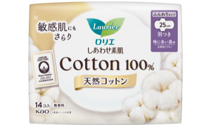 しあわせ素肌　天然コットン１００％　無香料　特に多い昼用２５ｃｍ　羽つきの製品カタログページへ。