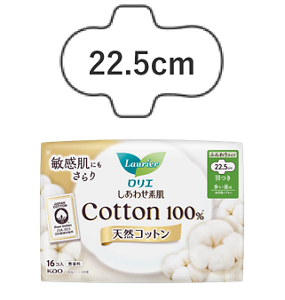 しあわせ素肌　天然コットン１００％　無香料　多い昼用２２．５ｃｍ　羽つきの製品カタログページへ。