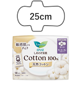 しあわせ素肌　天然コットン１００％　無香料　特に多い昼用２５ｃｍ　羽つきの製品カタログページへ。