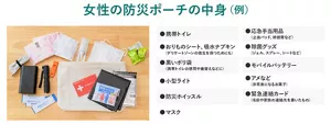 女性の防災ポーチの中身（仮）　●携帯トイレ　●おりものシート（デリケートゾーンの衛生を保つためにも）　●黒いポリ袋（携帯トイレの使用や着替えなどに）　●小型ライト　●防災ホイッスル　●マスク　●応急手当用品（止血バンド、絆創膏など）　●除菌グッズ（ジェル、スプレー、シートなど）　●モバイルバッテリー　●アメなど（非常食になるお菓子）　●緊急連絡カード（名前や家族の連絡先を書いたもの）