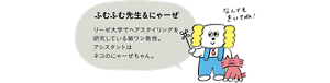 ふむふむ先生&にゃーぜの紹介　リーゼ大学でヘアスタイリングを研究している敏腕教授。アシスタントはネコのにゃーぜちゃん。