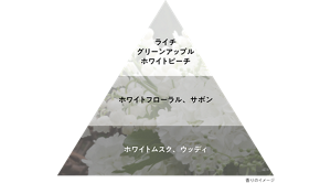 香りのイメージ　トップノート：ライチ、グリーンアップル、ホワイトピーチ　ミドルノート：ホワイトフローラル、サボン　ラストノート：ホワイトムスク、ウッディ 