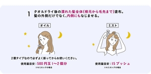 1 タオルドライ後の濡れた髪全体（根元から毛先まで）塗布。髪の外側だけでなく、内側にもなじませる。［オイル］２層タイプなので必ずよく振ってからお使いください。使用量目安：500円玉1〜2個分 ※セミロングの場合［ミスト］使用量目安：15プッシュ ※セミロングの場合