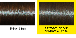 熱をかける前と200℃のアイロンで 90回熱をかけた髪の比較写真