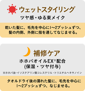 ウェットスタイリング ツヤ感・ゆる束メイク 乾いた髪に、毛先を中心に1〜2プッシュずつ、髪の内側、外側に指を通してなじませる。補修ケア ホホバオイルEX※配合（保湿・ツヤ付与）※ホホバ油・イソステアリン酸コレステリル・トリエチルヘキサノイン タオルドライ後の濡れた髪に、毛先を中心に 1〜2プッシュずつ、なじませる。