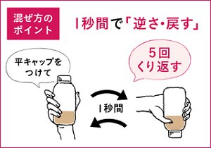 平キャップをつけて「逆さ・戻す」を1秒間で5回くり返すのが 混ぜ方のポイント