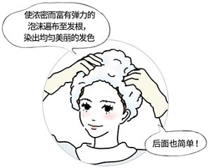 使浓密而富有弹力的 泡沫遍布至发根， 染出均匀美丽的发色 后面也简单！