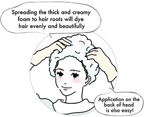 Spreading the thick and creamy  foam to hair roots will dye  hair evenly and beautifully  Application on the  back of head  is also easy!