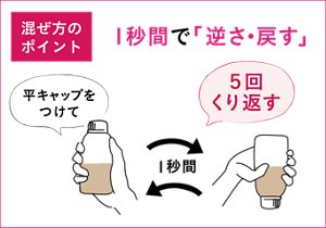 平キャップをつけて「逆さ・戻す」を1秒間で5回くり返すのが 混ぜ方のポイント