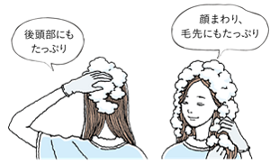後頭部や顔まわり、毛先にもたっぷりつけます。
