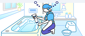 バスマジックリン エアジェット除菌EXを使用して浴槽の掃除をしている女性のイラスト
