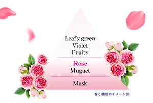 香り消臭 エレガントローズの香りのピラミッド。トップノートはリーフグリーン・ヴァイオレット・フルーティー・。ミドルノートはローズ・マーガレット。ラストノートはムスク。