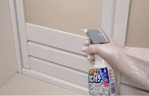 浴室の扉のゴムパッキンに強力カビハイター ツンとしないタイプを噴射するイメージ