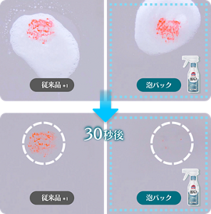 従来品のトイレ用洗剤と泡パックの汚れ落ち比較写真。 泡を吹きかけてから30秒後、従来品は汚れが残ったまま泡が垂れ落ちるが、泡パックは吸着力が従来品よりも強く、汚れを取り込みながら垂れ落ちる。