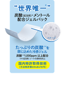 "世界唯一"炭酸(起泡剤)・メントール配合ジェルパック たっぷりの炭酸※4を閉じ込めた冷感ジェル 炭酸※4 1,000ppm以上配合 ※4起泡剤：シートの柔軟性向上 国内特許取得技術 (方法特許第6948478号)  ＊メントール、炭酸（二酸化炭素）を配合したジェルパック組成のパックシリーズとして（花王技術調査及びMintel 社データベース（GNPD）を用いた花王調べ2025年6月）