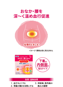 おなか・腰を深～く温め血行促進 下着の内側面に貼るタイプ 効果:温熱効果 1. 血行をよくする 2. 胃腸の働きを活発にする 3. 神経痛、筋肉痛の痛みの緩解 生理のときにも！ イメージ:蒸気は目に見えません