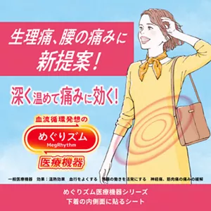 生理痛、腰の痛みに新提案！深く温めて痛みに効く！ めぐりズム医療機器シリーズ　下着の内側面に貼るシート 一般医療機器　効果：温熱効果　血行をよくする　胃腸の働きを活発にする　神経痛、筋肉痛の痛みの緩解