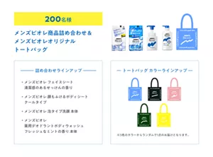 200名様 メンズビオレ商品詰め合わせ＆メンズビオレオリジナルトートバッグ　詰め合わせラインアップ：メンズビオレ フェイスシート 清潔感のあるせっけんの香り、メンズビオレ 顔もふけるボディシート クールタイプ、メンズビオレ 泡タイプ洗顔 本体、メンズビオレ 薬用デオドラントボディウォッシュ フレッシュなミントの香り 本体／ トートバッグ カラーラインアップ：青、黒、ピンク、緑、黄（※5色のカラーからランダムで1点のお届けとなります。）