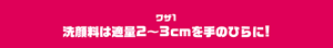 ワザ1　洗顔料は適量2〜3cmを手のひらに！