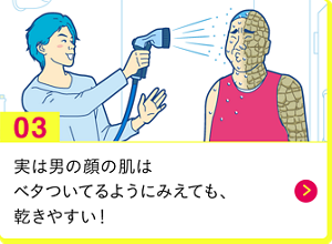 男の肌・ニオイ研究所03 実は男の顔の肌はベタついてるようにみえても、乾きやすい！
