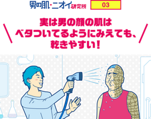 男の肌・ニオイ研究所 03 実は男の顔の肌はベタついてるようにみえても、乾きやすい！