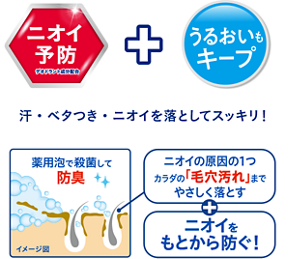 ニオイ予防　デオドラント成分配合　うるおいもキープ　汗・ベタつき・ニオイを落としてスッキリ！　薬用泡で殺菌して防臭　ニオイの原因の1つカラダの「毛穴汚れ」までやさしく落とす　ニオイをもとから防ぐ！   