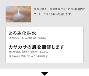 皮脂が多く、保湿成分が入りにくい角層内までしっかりうるおいを届ける高浸透処方です。とろみ化粧水で、カサカサの肌を補修します。