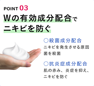 POINT 03 シェービングまで一気に！ キメ細かい泡がクッションとなって、カミソリ刃の肌への刺激を減らします。