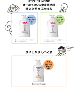 メンズビオレONE オールインワン全身洗浄料 洗い上がりスッキリ 清潔感のあるフルーティーサボンの香り ノンシリコーン/パラベンフリー/鉱物油フリー アミノ酸系洗浄成分配合 爽やかなハーバルグリーンの香り ノンシリコーン/パラベンフリー/鉱物油フリー アミノ酸系洗浄成分配合 洗い上がりしっとり 髪・肌なめらかタイプフローラルサボンの香り ノンシリコーン/パラベンフリー/天然由来ベタイン配合（保湿成分）