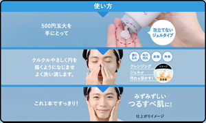 使い方500円玉大を 手にとってクルクルやさしく円を 描くようになじませ よく洗い流します。これ1本ですっきり！
