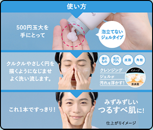 使い方500円玉大を 手にとってクルクルやさしく円を 描くようになじませ よく洗い流します。これ1本ですっきり！