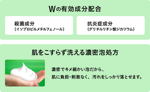 Wの有効成分配合 殺菌成分（イソプロピルメチルフェノール） 抗炎症成分（グリチルリチン酸ジカリウム） 肌をこすらず洗える濃密泡処方 濃密でキメ細かい泡だから、 肌に負担・刺激なく、汚れをしっかり落とせます。