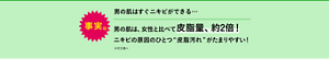 事実。男の肌はすぐニキビができる…、男の肌は、女性と比べて皮脂量、約2倍！ニキビの原因のひとつ“皮脂汚れ”がたまりやすい！※花王調べ