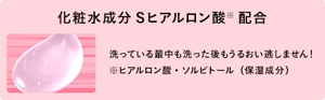 化粧水成分 Sヒアルロン酸※配合 洗っている最中も洗った後もうるおい逃しません！※ヒアルロン酸・ソルビトール（保湿成分）