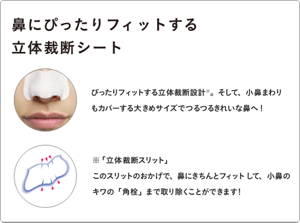 鼻にぴったりフィットする立体裁断シート。ぴったりフィットする立体裁断設計※。そして、小鼻まわりもカバーする大きめサイズでつるつるきれいな鼻へ！※「立体裁断スリット」このスリットのおかげで、鼻にきちんとフィットして、小鼻のキワの「角栓」まで取り除くことができます！