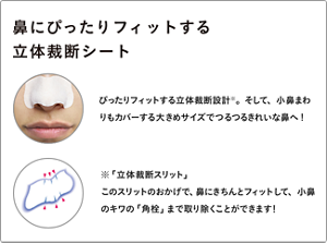 鼻にぴったりフィットする立体裁断シート。ぴったりフィットする立体裁断設計※。そして、小鼻まわりもカバーする大きめサイズでつるつるきれいな鼻へ！※「立体裁断スリット」このスリットのおかげで、鼻にきちんとフィットして、小鼻のキワの「角栓」まで取り除くことができます！