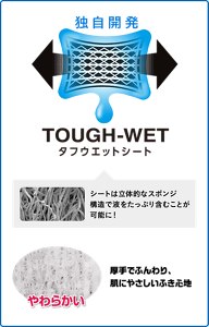 独自開発の立体的なスポンジ構造にしたタフウエットシートにより、液をたっぷり含むことが可能に！またケアタイプ商品のシートは厚手でふんわり、肌にやさしいふき心地。