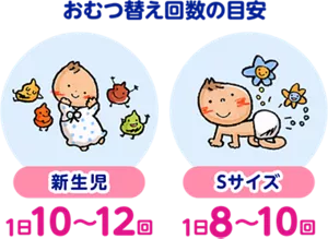 おむつ替え回数の目安　新生児 1日 10〜12回／Sサイズ 1日 8〜10回