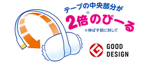テープの中央部分が2倍※のびーる　※伸ばす前に対して　［GOOD DESIGN賞］