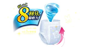おしっこ8回分（1回あたりの尿量60ccとして<ビッグサイズの場合>）の吸収力。メリーズシリーズ内No.1*の吸収量　*当社製品各サイズ比較2025年4月時点