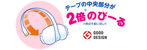 テープの中央部分が2倍※のびーる　※伸ばす前に対して　GOOD DESIGN賞