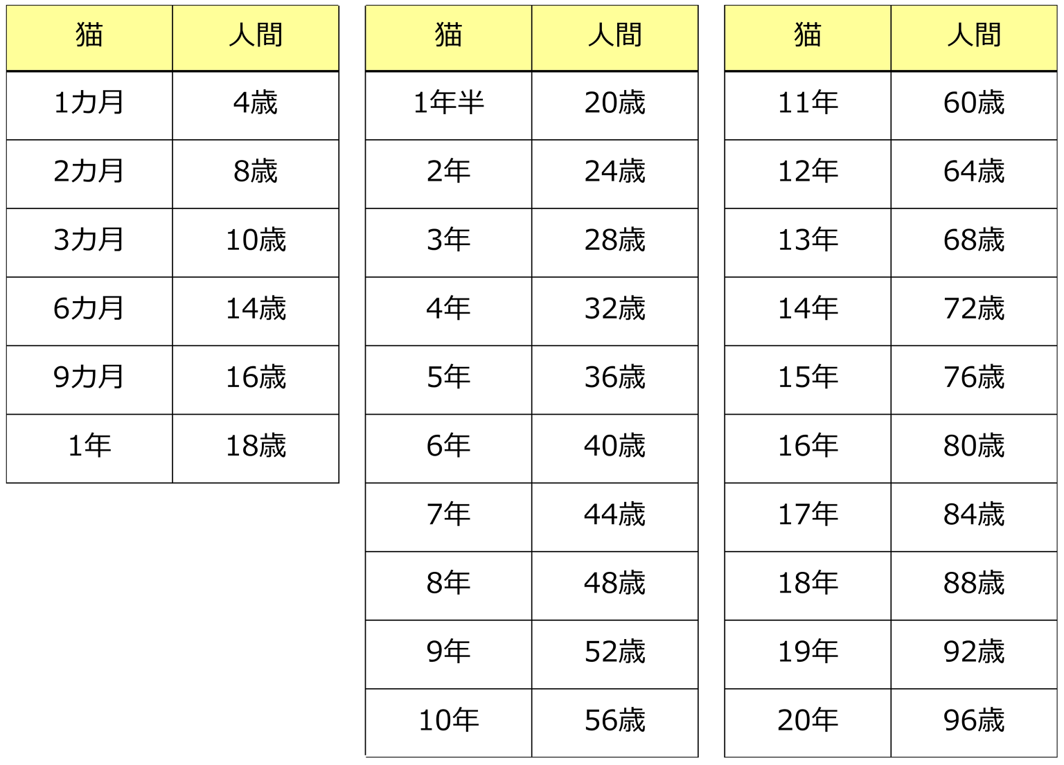 猫と人間の標準年齢換算表